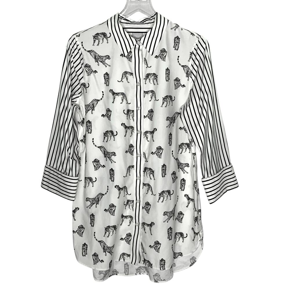 Chicos M No Iron Button Down Extra Long Cheetah Tunic Black White Animal